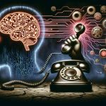 An illustration depicting an AI-powered voice scam as a growing threat. The artwork should include symbols of AI, like a brain made of circuits or gears, and symbols of telephone fraud, like a vintage telephone with a sinister face. Show the scene to be dark, ominous, and foreboding to reflect the harmful nature of the threat. Add graphics or text to further emphasize the ongoing growth of this issue. Please note that this is a metaphorical representation and not a literal one.