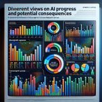 A high-definition, realistic image featuring the graphical representation of a survey. The survey's title reads 'Divergent Views on AI Progress and Potential Consequences'. The data visualization includes different colored bar graphs and pie charts, depicting diverging opinions on the progress of artificial intelligence and its potential implications. Each chart is labeled clearly, with a legend explaining the various colors representing different demographic group's responses. The overall tone of the graphic should convey both intrigue and importance, with a sleek, professional design.