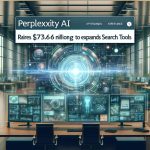 Create a highly detailed, realistic representation of a headline reading 'Perplexity AI Raises $73.6 Million to Expand Search Tools.' The picture should feature a modern office setting in the background with screens displaying futuristic search engine graphics and innovative UI designs.