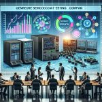 Generate a realistic High-Definition image of a generic semiconductor testing company showcasing their advanced technology equipment and industry innovations at a prominent growth conference. Illustrate the company's representatives actively involved in a discussion with attendees. Display colorful charts and data on a projector screen in the background, indicating their significant growth and progress.