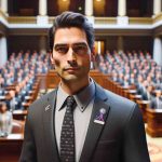 A realistic HD photo of a well-respected politician standing in front of a crowded assembly hall, boldly proposing new legislation to regulate Artificial Intelligence. He is dressed in a smart suit with a small pin representing the state of California. Note, the politician should appear as a middle-aged, South Asian male.